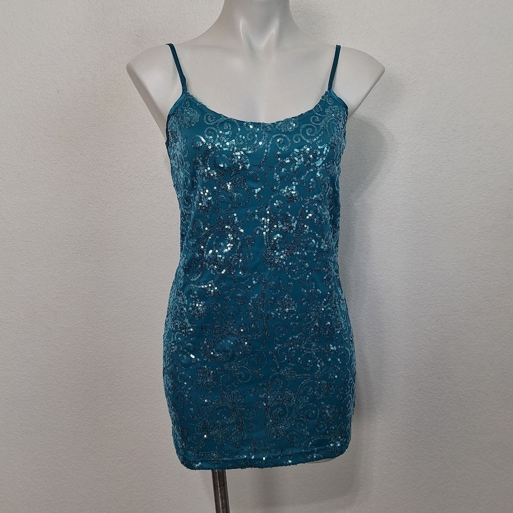 BKE Teal Glam Sequin Y2K Spaghetti Strap Retro Mini Dress Size L